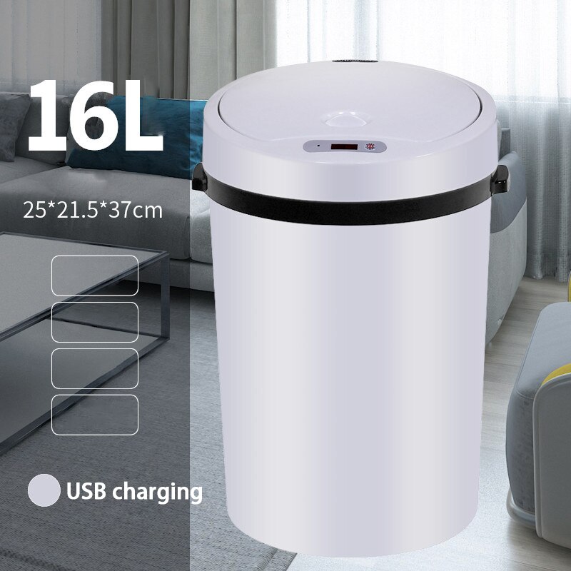 Automatic Sensor Trash Can,16L Big Capacity Touch Free Kitchen Trash Can ,Waste Bin For Bathroom Living Room, USB Charged: USB White
