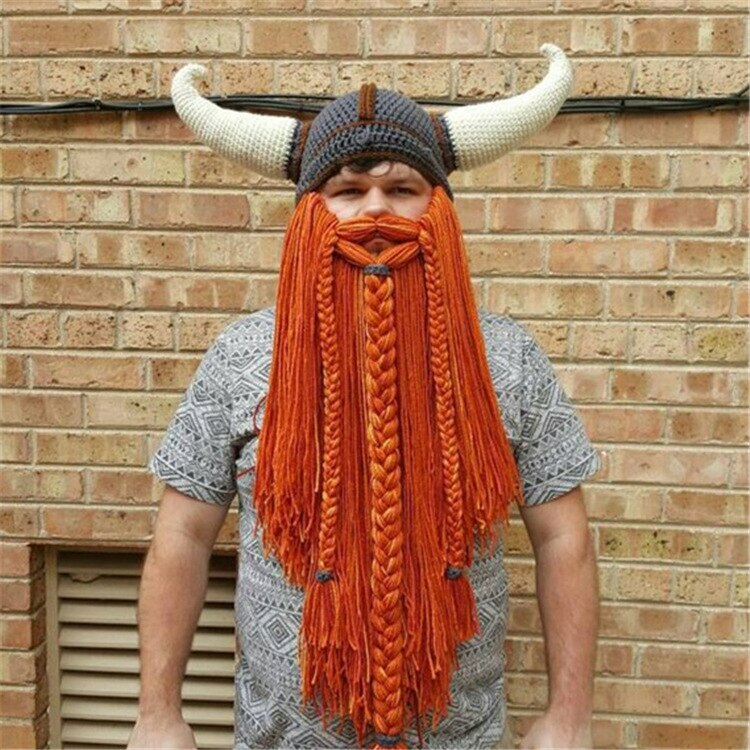 Menn vinter varm håndvev ullhatter skjegg halloween karneval fest morsomt hodeplagg skrekk viking horn cosplay kostyme strikket hatt: 5