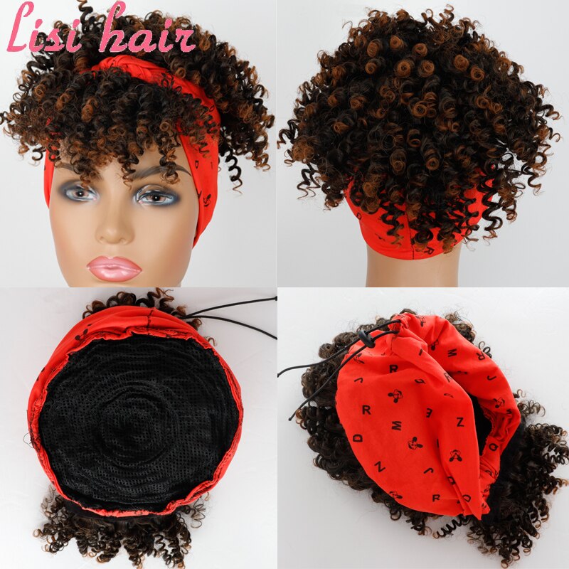 Pelo Afro Puff turbante sintético de LISI peluca corta rizada con cordón para la cabeza-peluca Updo Head-Wrap peluca para afroamericano