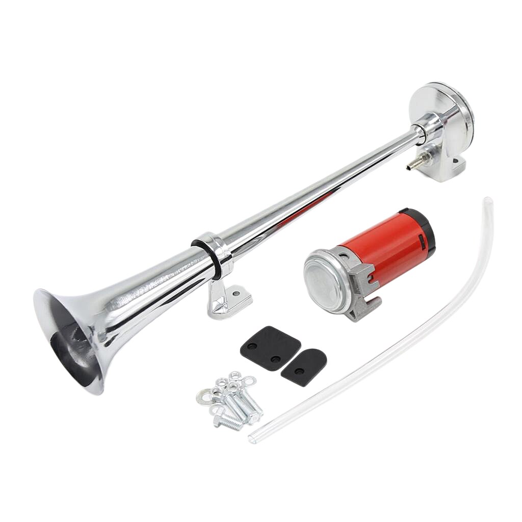 12V DC Super Loud 150db Single Trumpet Air Horn Compressor Kit, Premium Car Vehicle Train Horn Kit (Chrome)