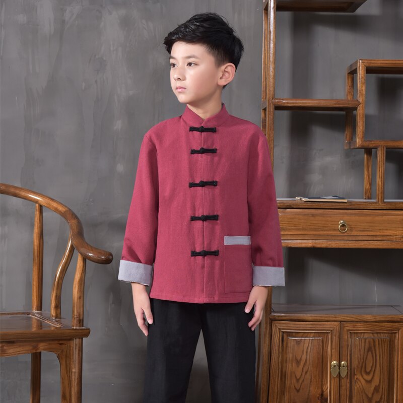Ropa tradicional china tang, ropa de kungfu para niños, ropa tradicional de hanfu para niños, disfraz de minoría nacional, camisa de tai chi 89: Vino tinto / Yo