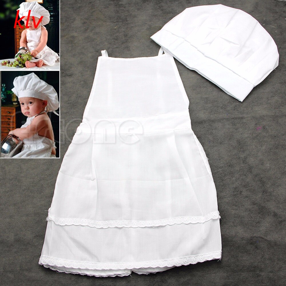 KLV mignon blanc cuisinier Costume Photos photographie accessoire enfant chapeau tablier garçons Chef Restaurant serveuse uniformes