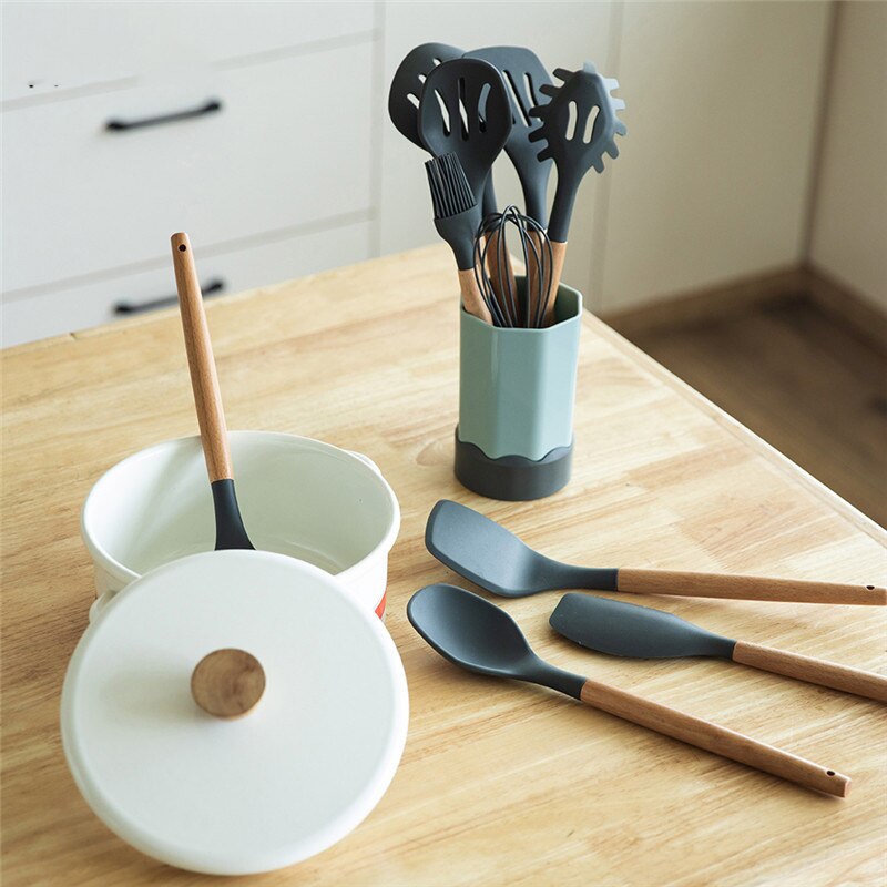 Juego de utensilios de cocina de silicona, cocina antideslizante con mango de madera con cubo de almacenamiento, cuchara, utensilios de cocina creativos