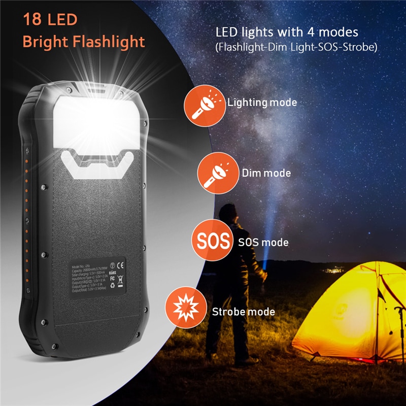 26800mAh Solar Power Bank Fast Qi Wireless Charger For iPhone Samsung Powerbank External Battery Portable Poverbank Flashlight