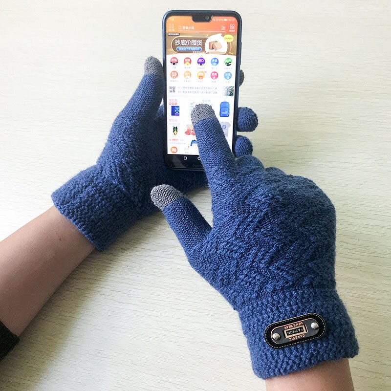 Mitaines en laine acrylique pour hommes, en tricot Jacquard épais, , à la , gants pour écran tactile C2: Full Finger Blue