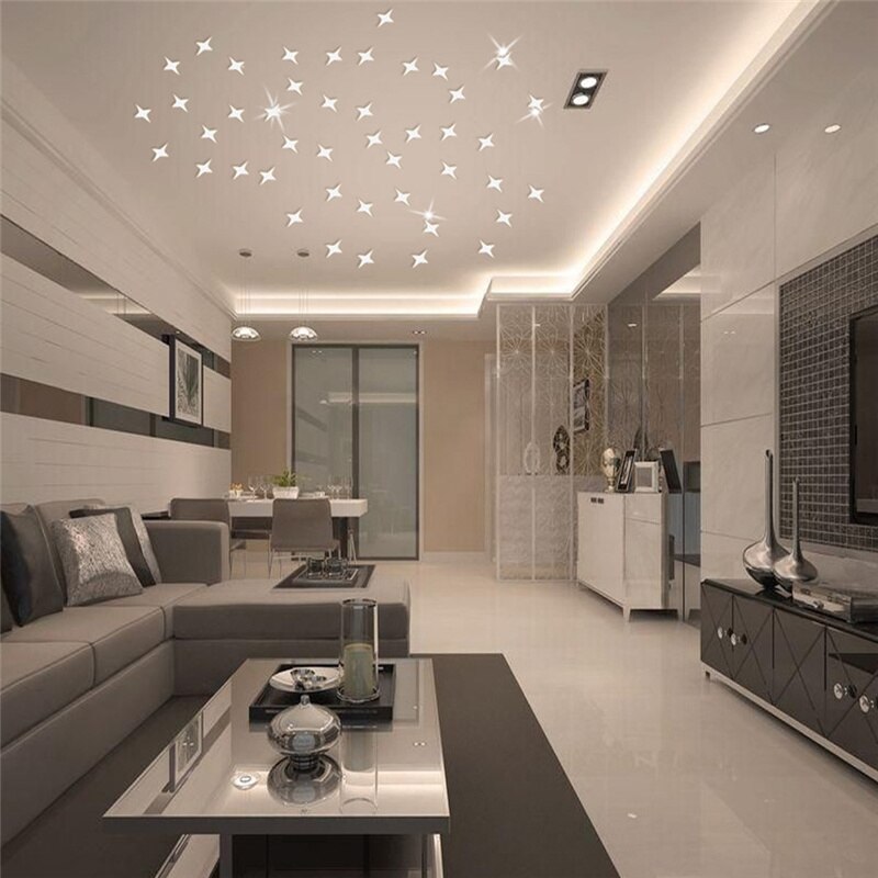 50PCS 3D Star Acrylic Mirror Wall Sticker DIY Living Room Bed Room Background Wall Mirror Wall Sticker Home Decoration: A-silver