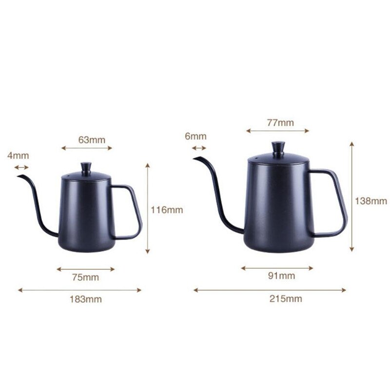 Teflón negro de 350ml y 600ml con recubrimiento de 5mm, boquilla de cuello de cisne, tetera de acero inoxidable para café, tetera de goteo para café por goteo