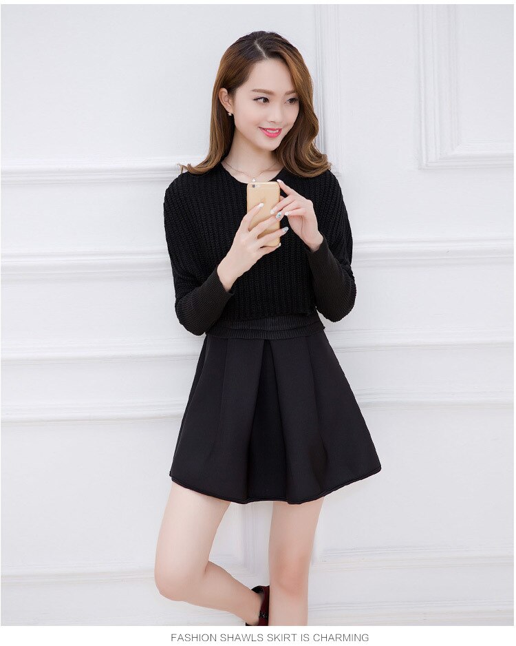 Autumn Winter Women Dress Long Sleeve O-Neck Solid Two Pieces Knitted Sweater Dresses Big Size OL Vestidos 1010: W001010 black / M