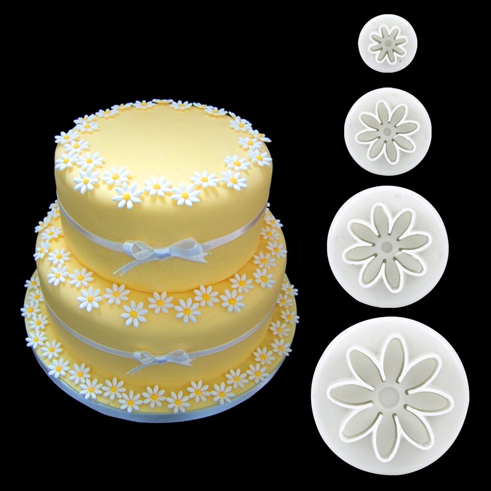 4 stks/set cakevorm Daisy Bloem Zonnebloem Plunger Cutter decorating gereedschap Keuken fondant Keuken accessoires cakevorm Stand