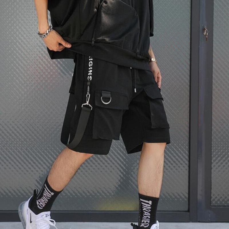 Mannen punk rock hip hop shorts linten hiphop cargo shorts mens black casual street wear elastische korte broek met veel zakken
