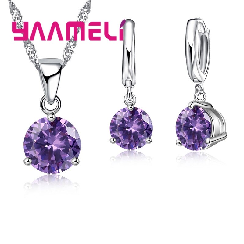 Süssigkeit 8 Farben 925 Sterling Silber Hochzeit Elegante Schmuck setzt Kristall Anhänger Kragen Halskette Ohrringe: Violett