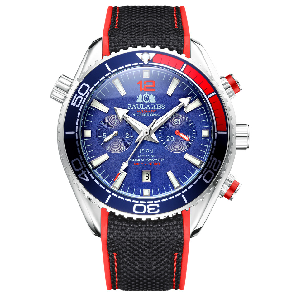 PAULAREIS P, reloj mecánico automático de lujo para hombre, correa de goma, resistente al agua, fecha luminosa, relojes de para hombre: Marrón