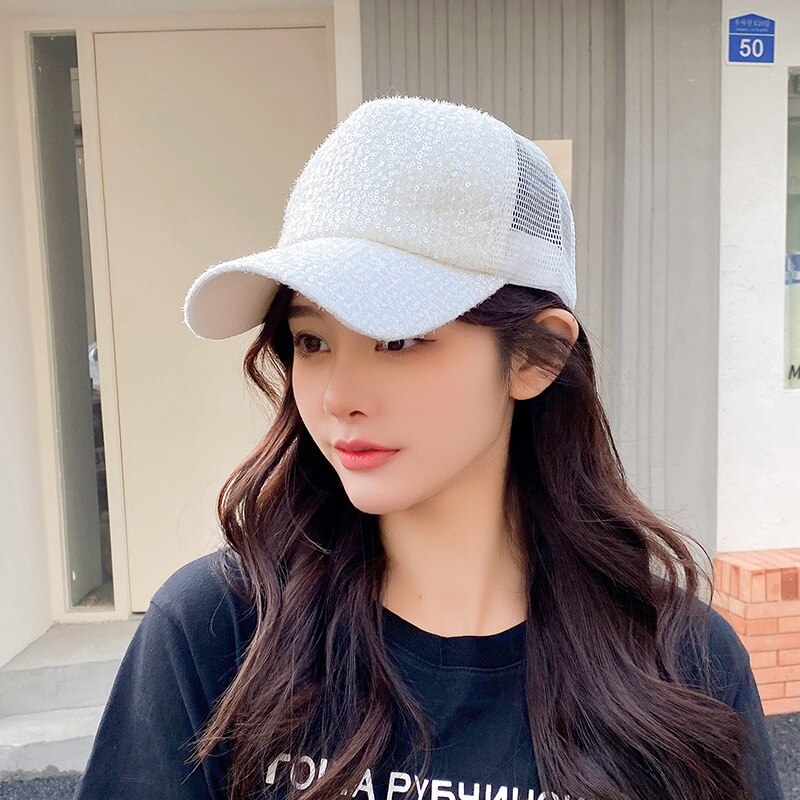 Gorra de béisbol de malla transpirable para mujer, gorro con lentejuelas, parasol, sombreros de Sol para viajes al aire libre, visera ajustable