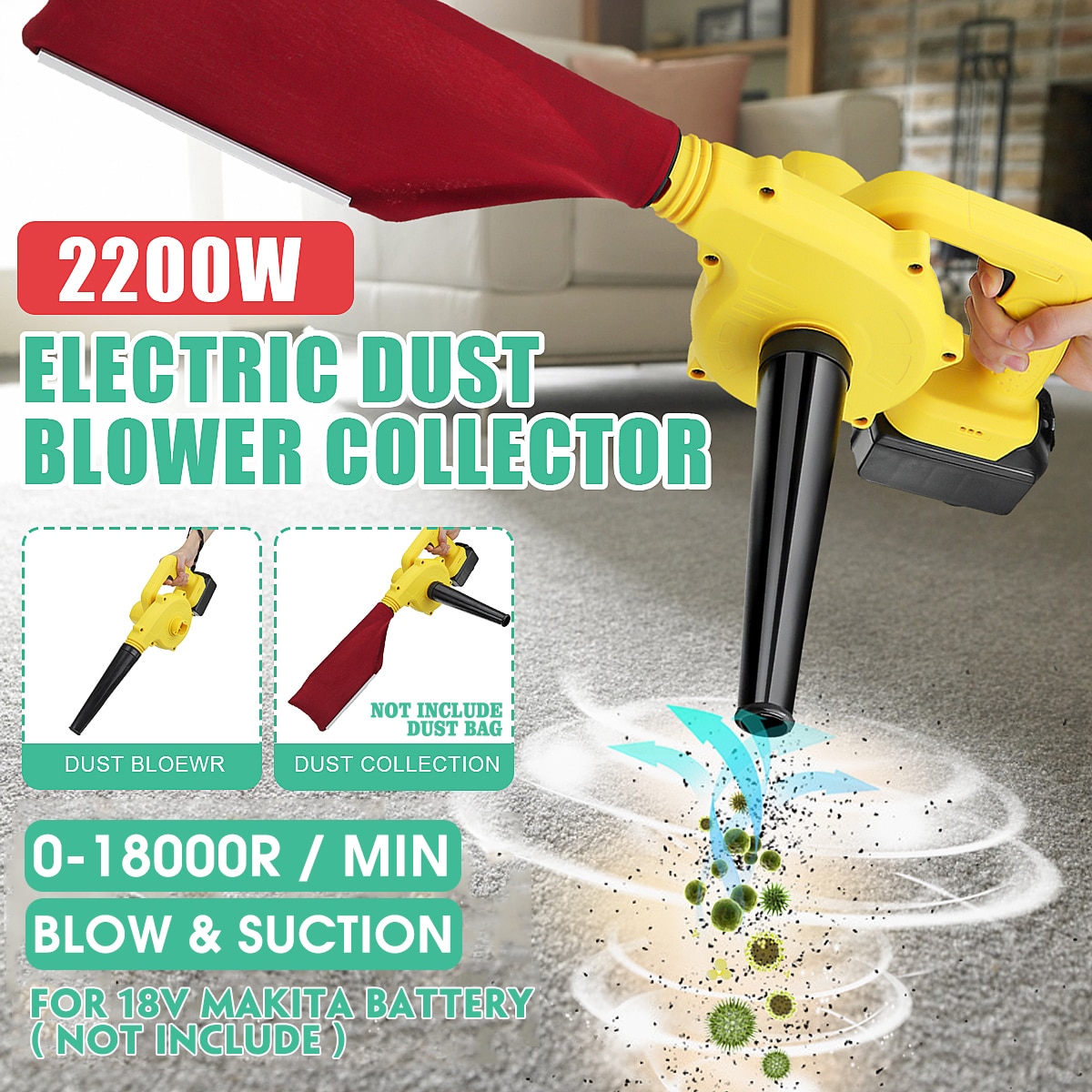 Cordless Electric Air Blower Handheld Leaf Blower & Suction Computer dust collector cleaner Tool For Makita 18V Li-ion Battery