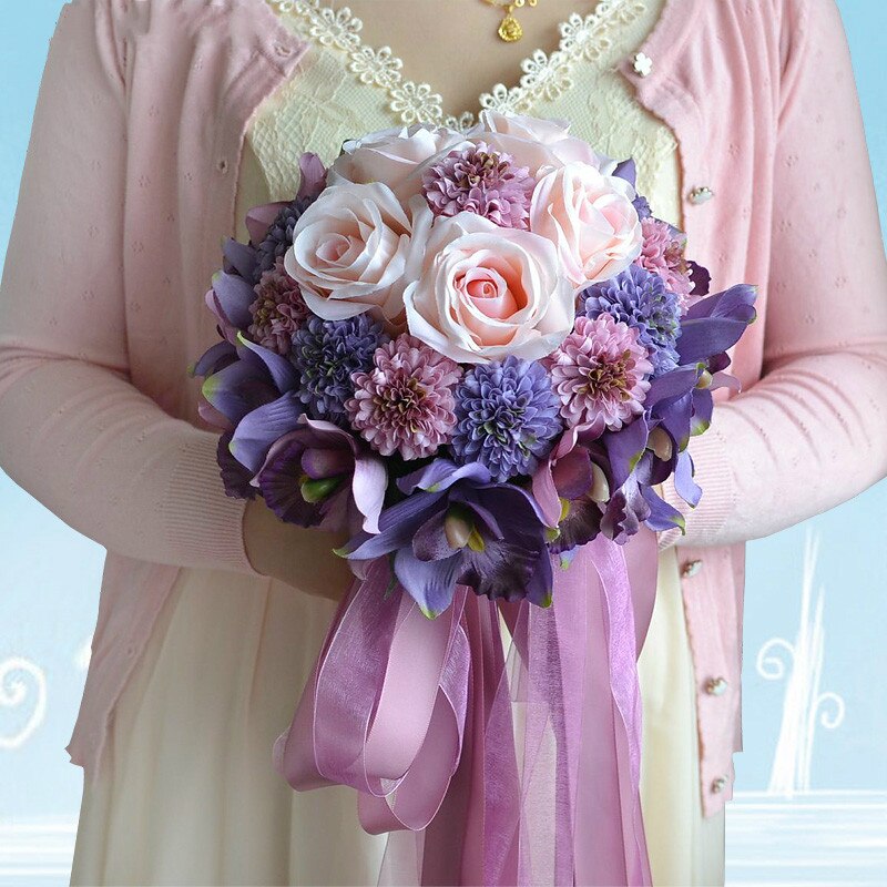 Piękny fioletowy różowy kolor kwiat panny młodej druhny bukiet ślubny sztuczny kwiat róży bukiety ślubne
