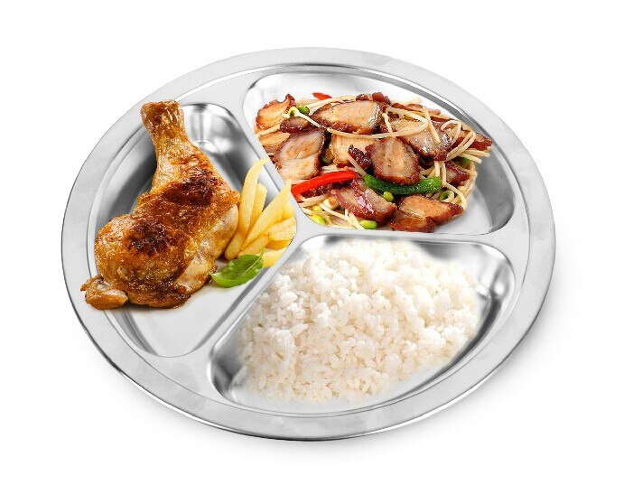 Dinner Plate Grid Plate 28cm Stainless steel Fast Food Dish Pan thickening Plate fast food Dish Dinner Plate Metal