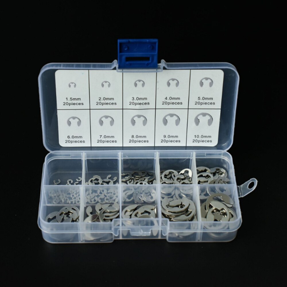 200Pcs/Box 304 Stainless Steel E Clip Circlip Washer Assortment Kit 1.5-10 mm External Retaining Ring Clip For Shaft