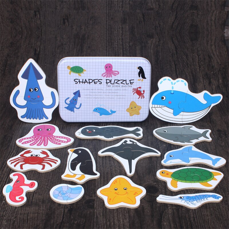 Big Size Vlok Baby Houten Puzzel Speelgoed Vroeg Onderwijs Cartoon Dier Fruit Cognitie Kaart Jigsaw Set Metalen Doos Voor Kinderen: Ocean models