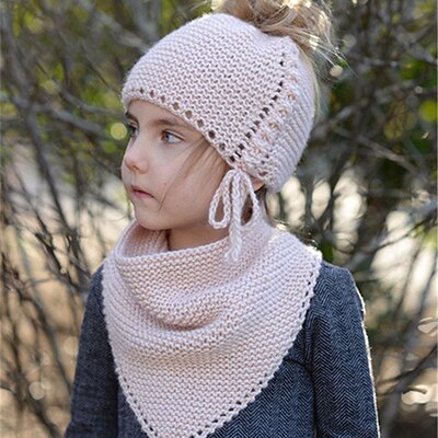 2 Pieces Set Kids Winter Hat Scarf For Girls Hats warm knitted cap Children's winter cloak thickening handmade scarves shawl: B-pink