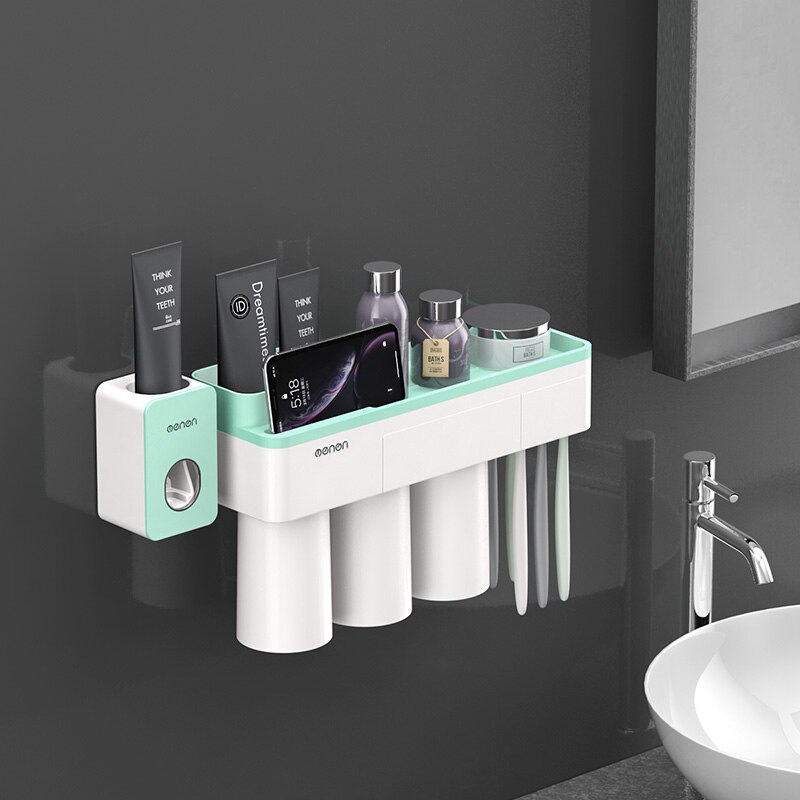 Toothbrush Holder Bathroom Accessories Toothpaste Squeezer Dispenser Storage Shelf Set For Bathroom Magnetic Adsorption With Cup: Green 3 Cups Sets