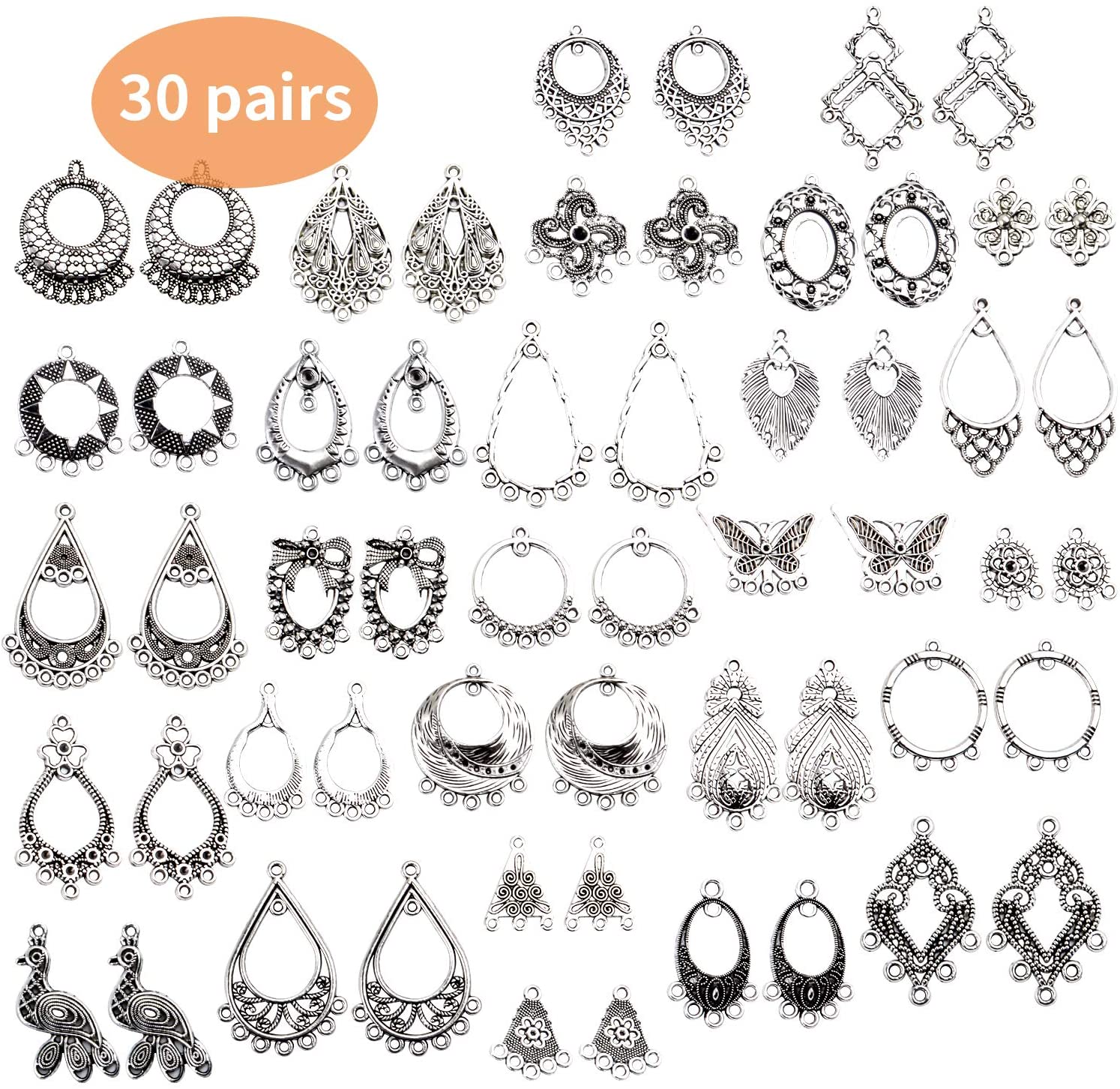 60 Stuks (30 Pairs) Van Antieke Tibetaanse Zilveren Kroonluchter Earring Bungelende Hanger Connector Oorbel Maken-Diverse Pack