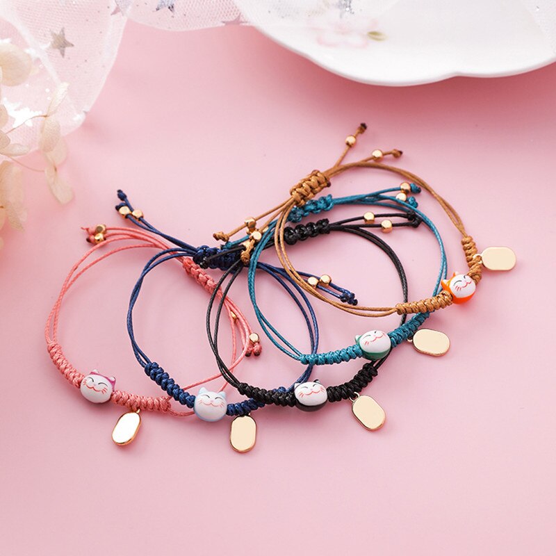 Doreen-pulsera de cuerda de gato de cerámica Kawaii para mujer, brazalete sencillo tejido a mano, cuentas de borla, joyería de de estilo japonés