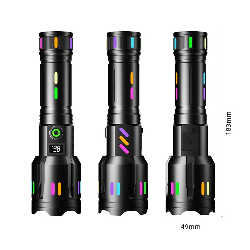 Hochleistungs-Scheinwerfer, LED-Taschenlampe mit großer Reichweite, fluoreszierende absorbierende Folie, leuchtende bunte Zoomen-Taschenlampe, Camping-Notfall