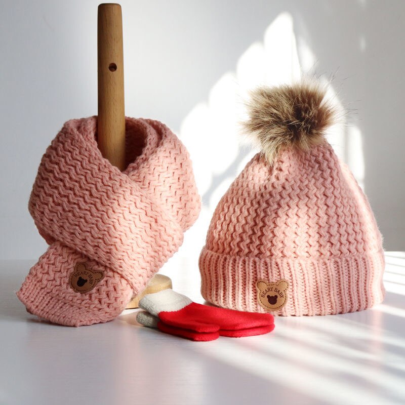 Baby hat/Scarf Autumn/Winter boy/girl hat lovely knitted wool warm hat/baby scarf set: Pink / 4-12years