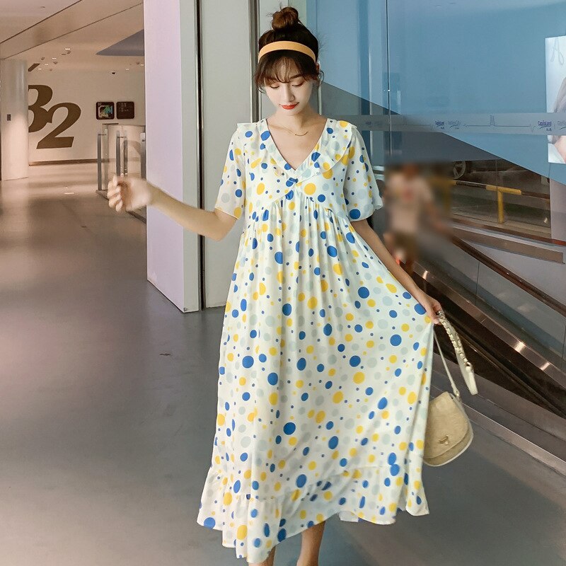Summer Korean Maternity Long Dress A Line Clothes for Pregnant Women Sweet Polka Dot Pregnancy
