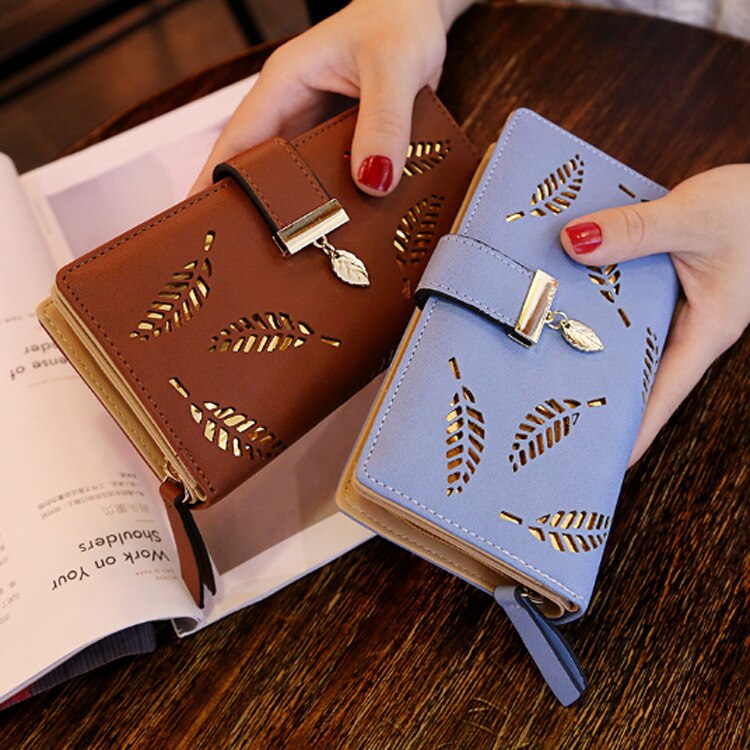 Women Wallets Long Wallet Ladies Buckle Hollow Leaf Purse Wallet Female Women Purse Card Holder