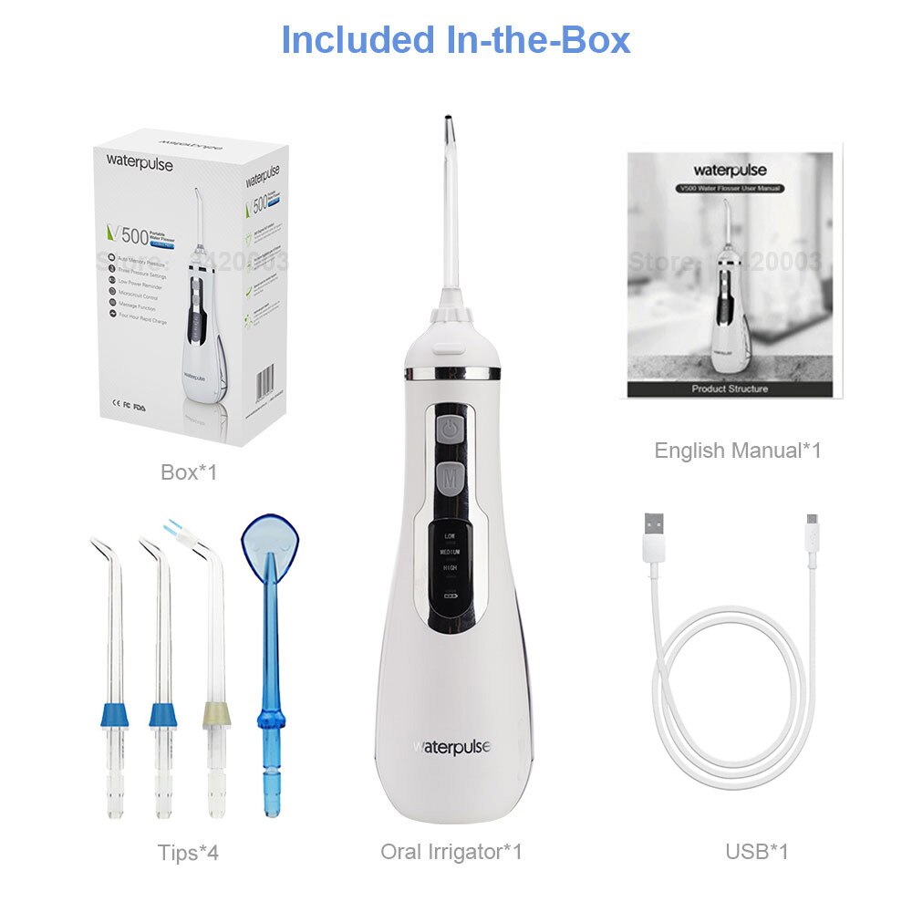 Waterpulse V500 Portable USB Rechargeable Oral Irrigator Cordless Water Flosser 4tip Travel Massage Clean Dental Irrigator Floss