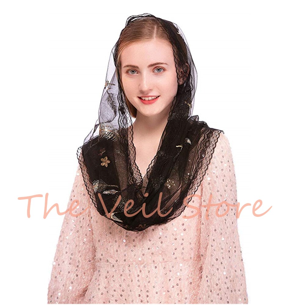 D Vorm Vrouwen Mantilla Sluiers Voor Kerk Katholieke Tule Geborduurd Latin Massa Zwart Pailletten Traditionele Hoofdbedekking MS2003