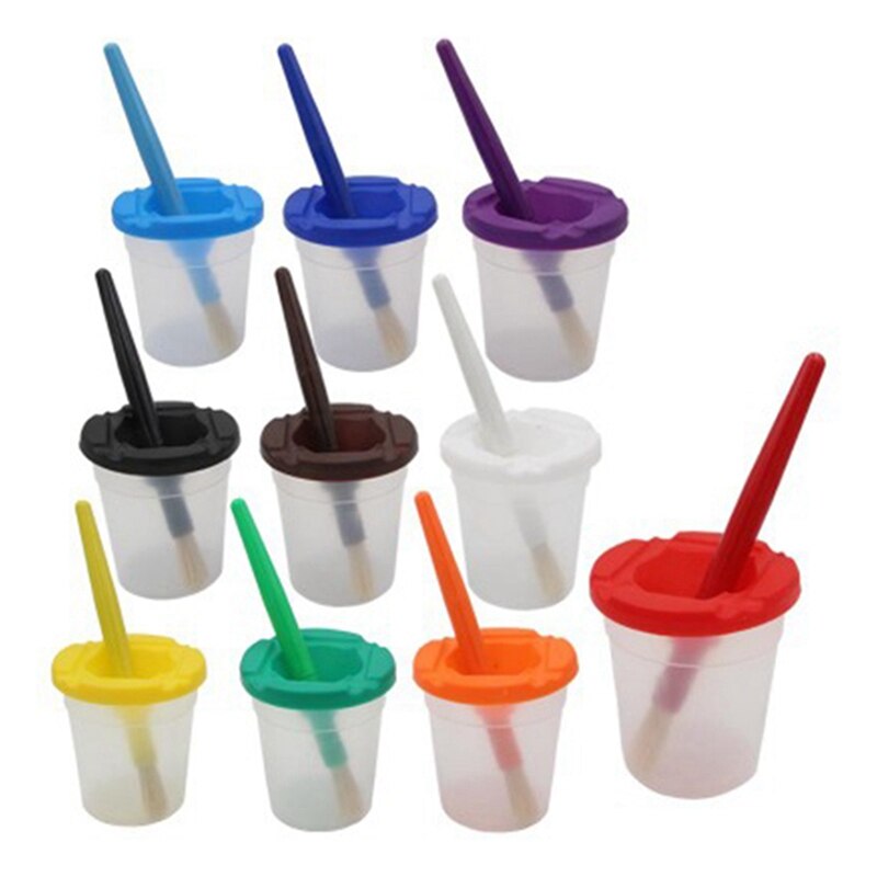 10Pcs Kids Drawing Tools Children Painting Brushes Cleaning Cup Set Color-Matched Paint Brushes Kit