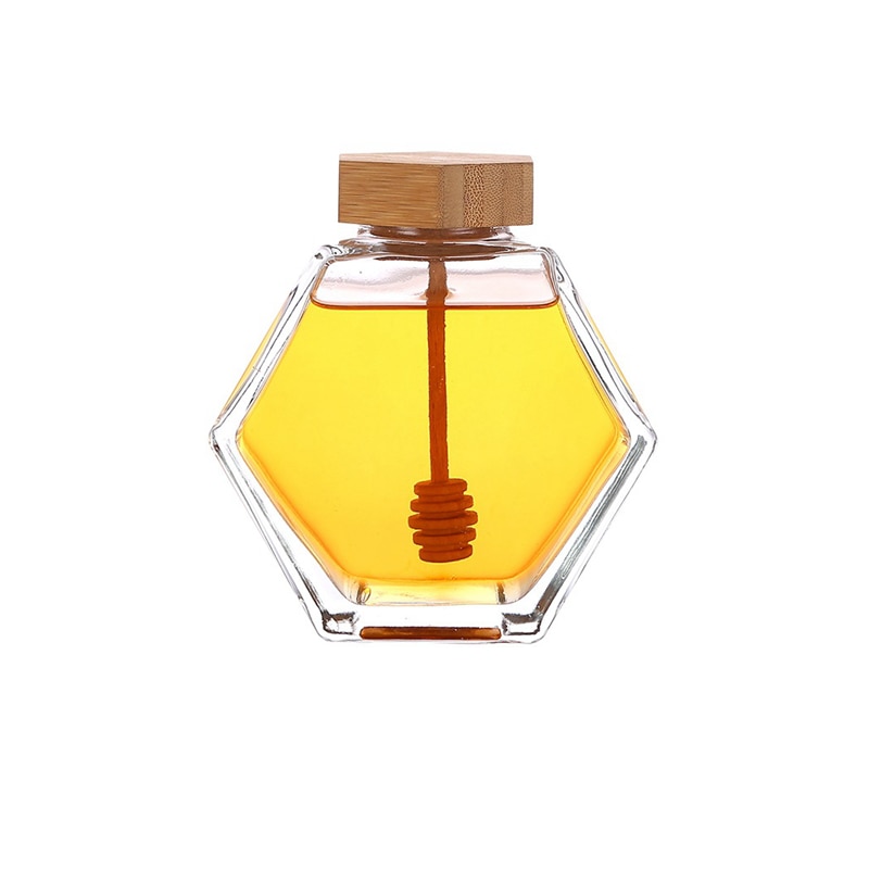 X10 honningkrukke 100ml 5oz vægt sekskantet glas honningkrukke med træ dipper korkdæksel smuk gelékrukke til hjemmekøkken
