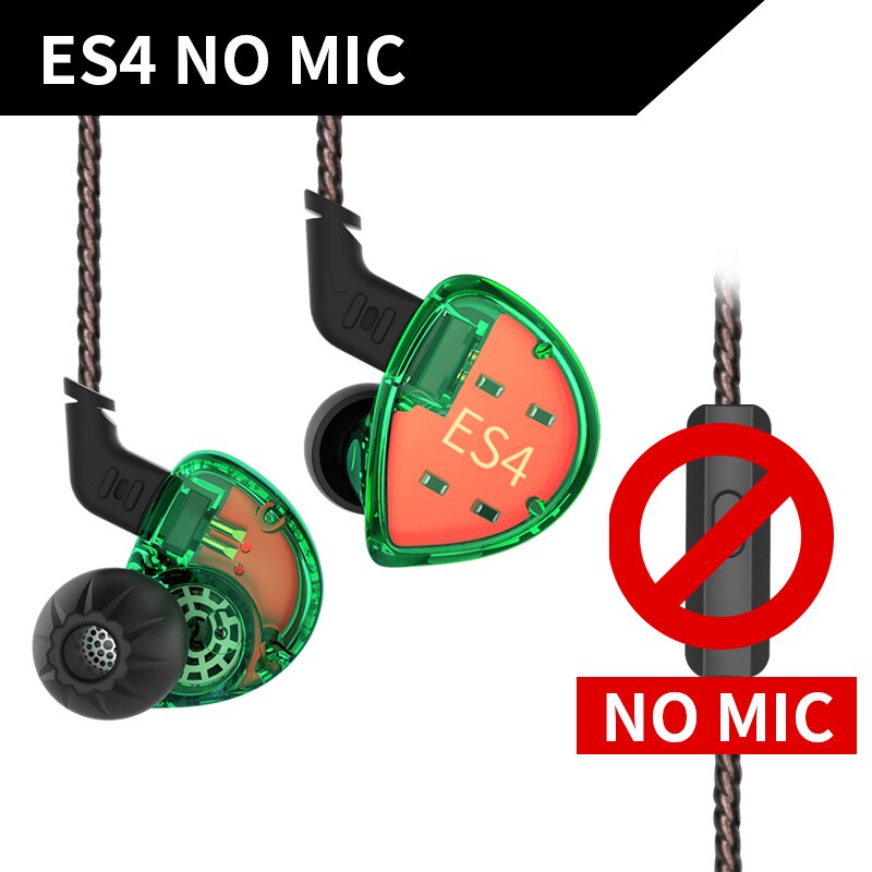 Kz ES4 In Ear Monitors Anker En Dynamische Hybrid Headset Ear Oortelefoon Oordopjes Hifi Bass Noise Cancelling Ear Haken Hoofdtelefoon: ES4 Green no mic