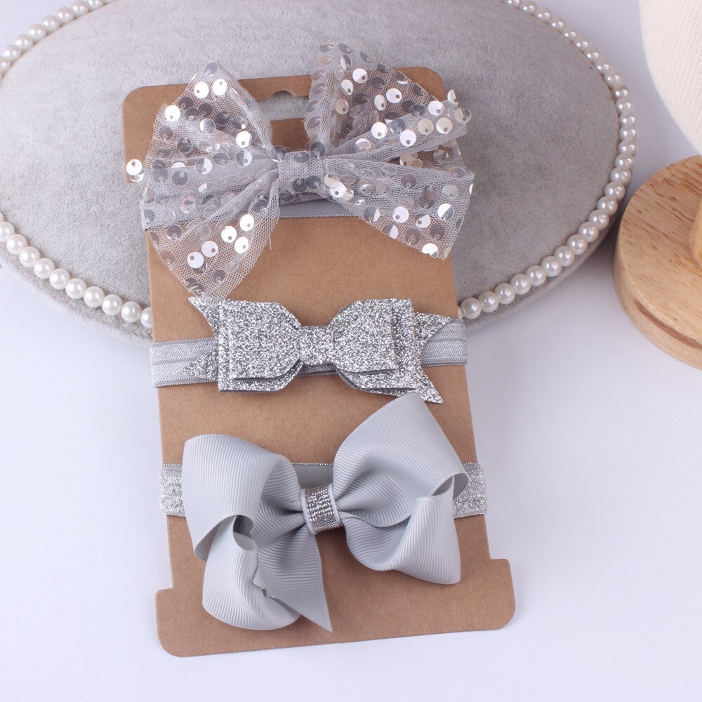 3 sztuk dziecko elastyczny kwiatowa opaska kokardy robić włosów dzieci cekiny łuk węzeł zestaw robić włosów opaska robić włosów dla dziewczynek włosy księżniczki akcesoria: Szary