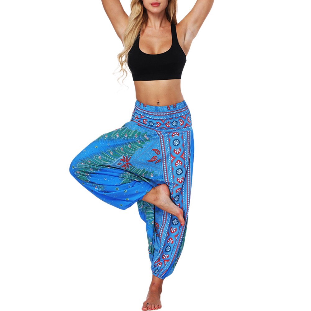 Pantalon de Yoga pour femmes, décontracté, ample, style bohème, combinaison Aladdin, sarouel, large, été: Blue