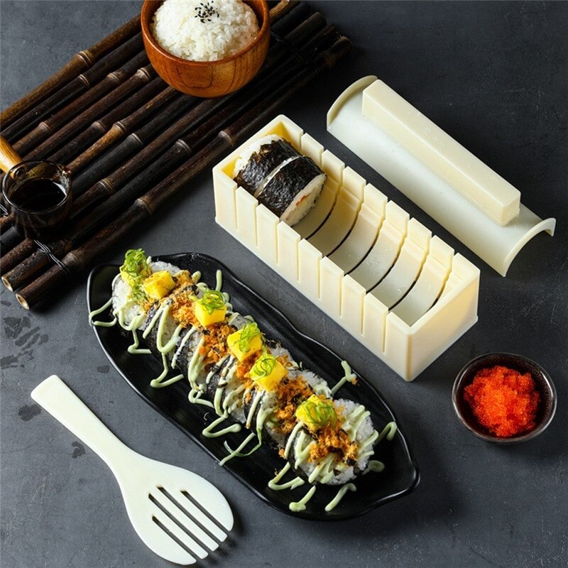 10Pcs/Set DIY Sushi Maker Kit Kitchen Sushi Tool Making Machine Roller Rice Mold Sushi Vegetable Meat Rolling Gadgets
