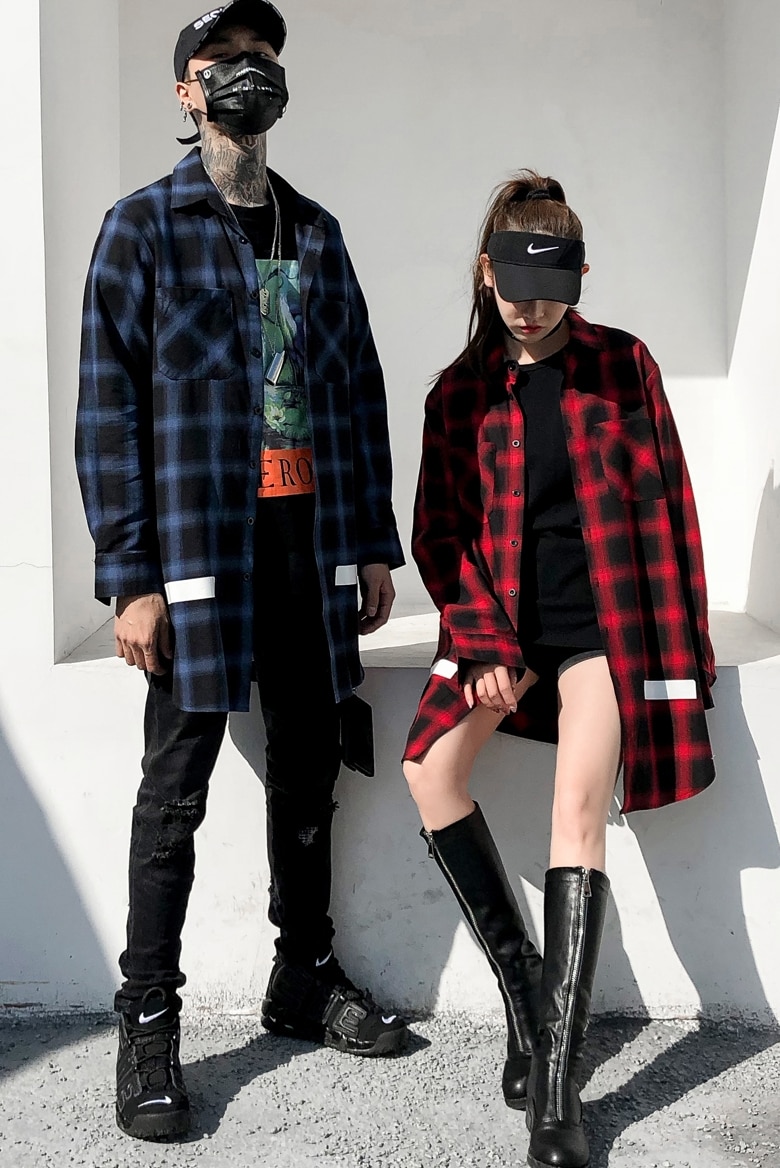 Extra lange Hip hop Plaid shirts voor mannen lange mouw voor paar Rood Blauw Geel Zwart Zomer Lente Herfst