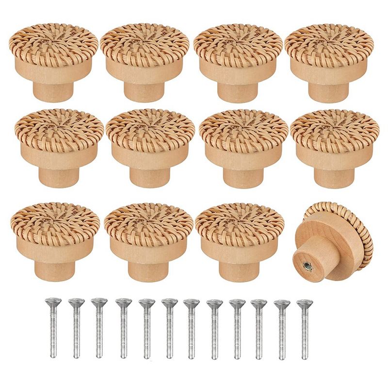 ABKW-Boho Rattan-Kommodenknöpfe, runde Schubladenknöpfe aus Holz, handgefertigt, Korbgeflecht, gewebt und Schrauben für Boho-Möbelknöpfe, 24 Stück