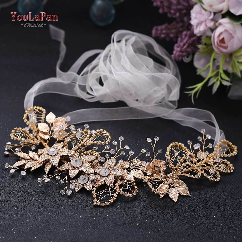 YouLaPan, cinturón Floral con diamantes de imitación, cinturón dorado para mujer, cinturón brillante, cinturones de boda para señora, cinturón nupcial con flores doradas SH282: Ivory organza