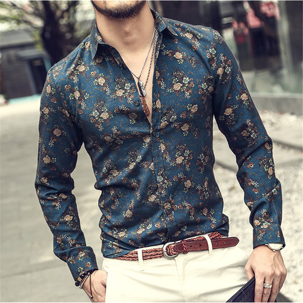 Green Dress Shirts for Men Cotton Rust Tuxedo Shirt Men&#39;s Slim Fit Wedding Party Casual Floral Pattern Man Button Up Shirt C071: C071-001 / XXXL