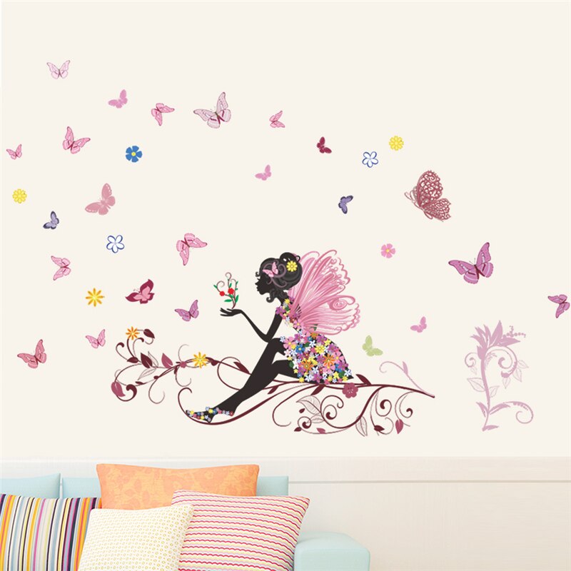 Cartoon Butterfly Flower Fairy 50*70cm Wall Decals Kids Rooms Home Decor Diy Wall Stickers Mural Art Pvc Posters