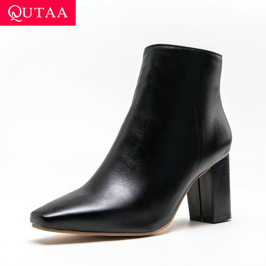 QUTAA Retro Karree PU Leder Concise Stiefeletten Square High Heel Zipper Alle Spiel Frauen Schuhe Große größe 34-43