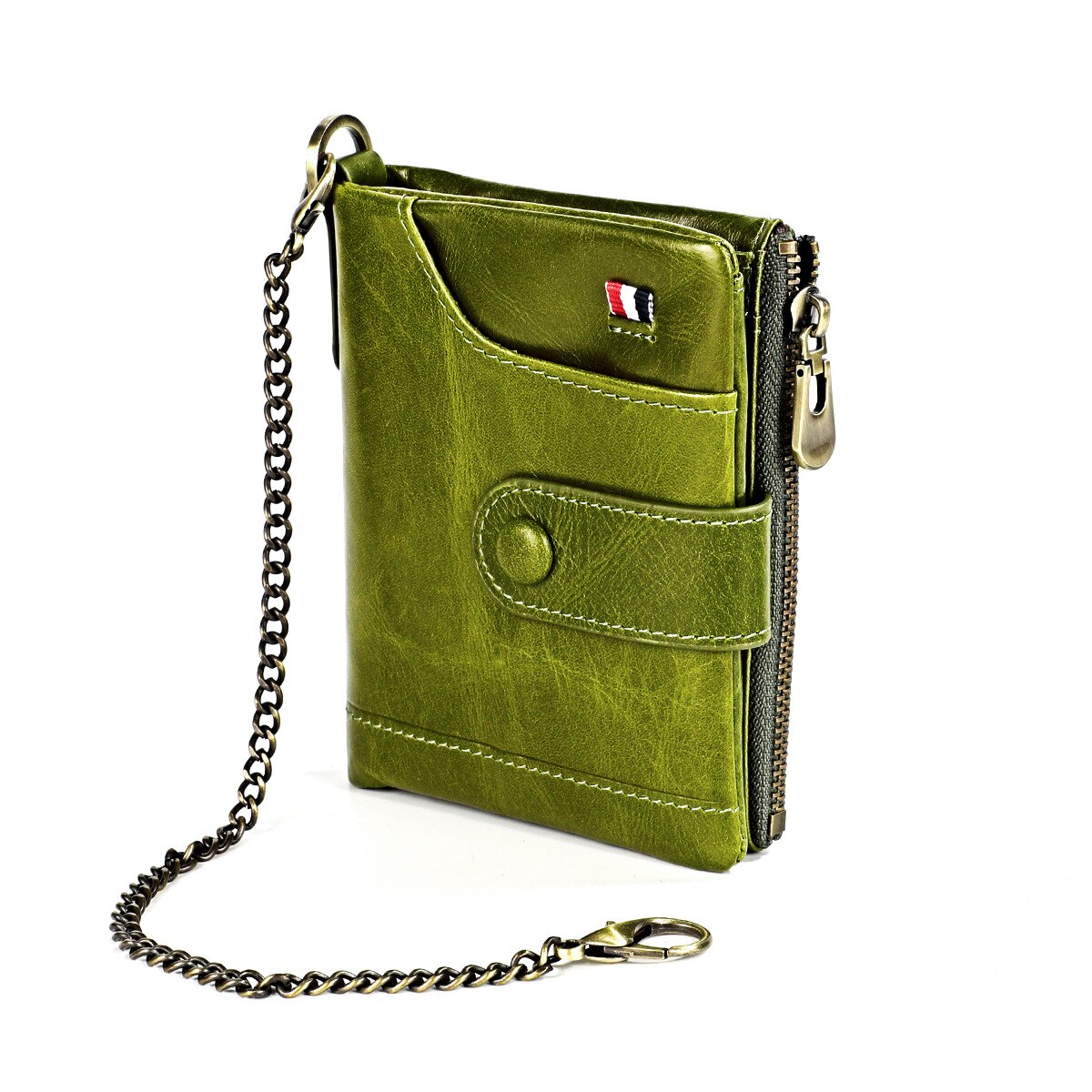 Genuine Leather Wallet Women Men Wallets RFID Card Vallet Short Purse Female Male Green Walet Portomonee Luxury Small Wallet Red: Green with Chain