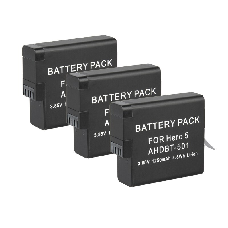 Batterij 1250 mah voor gopro hero 7 6 5 go pro hero 5 hero 6 hero 7 black ahdbt 501 ahdbt -501 camerabatterijen oplader: 3 batterijen
