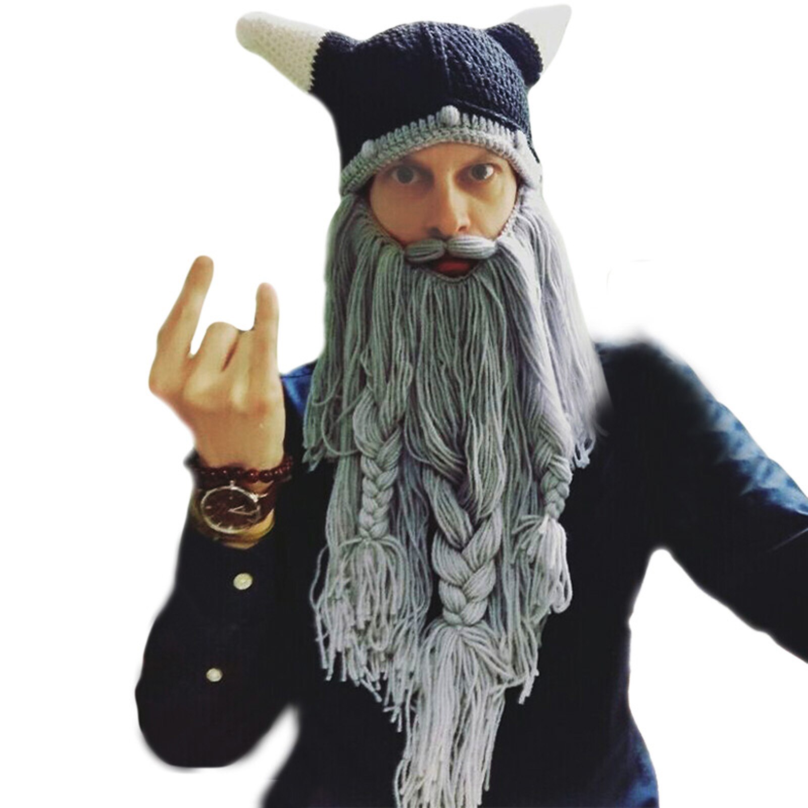 Viking Hat, Funny Handmade Knit Long Beard Beanie Hat for Halloween Costume Party Cosplay