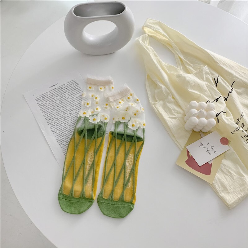 Summer Crystal Silk Socks Women Novelty Harajuku Floral Kawaii Cute Socks Ultra-thin Transparent Fishnet Mesh Lace Socks: 4