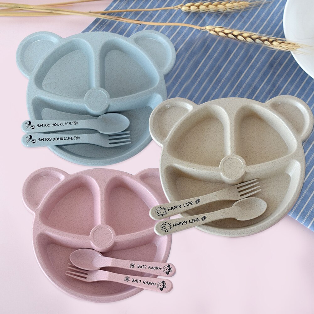 Baby Dinnerware Anti Wheat Straw Training Plate Cartoon Bear Kids Dishes Baby Bowl+spoon+fork Feeding Food Tableware Set