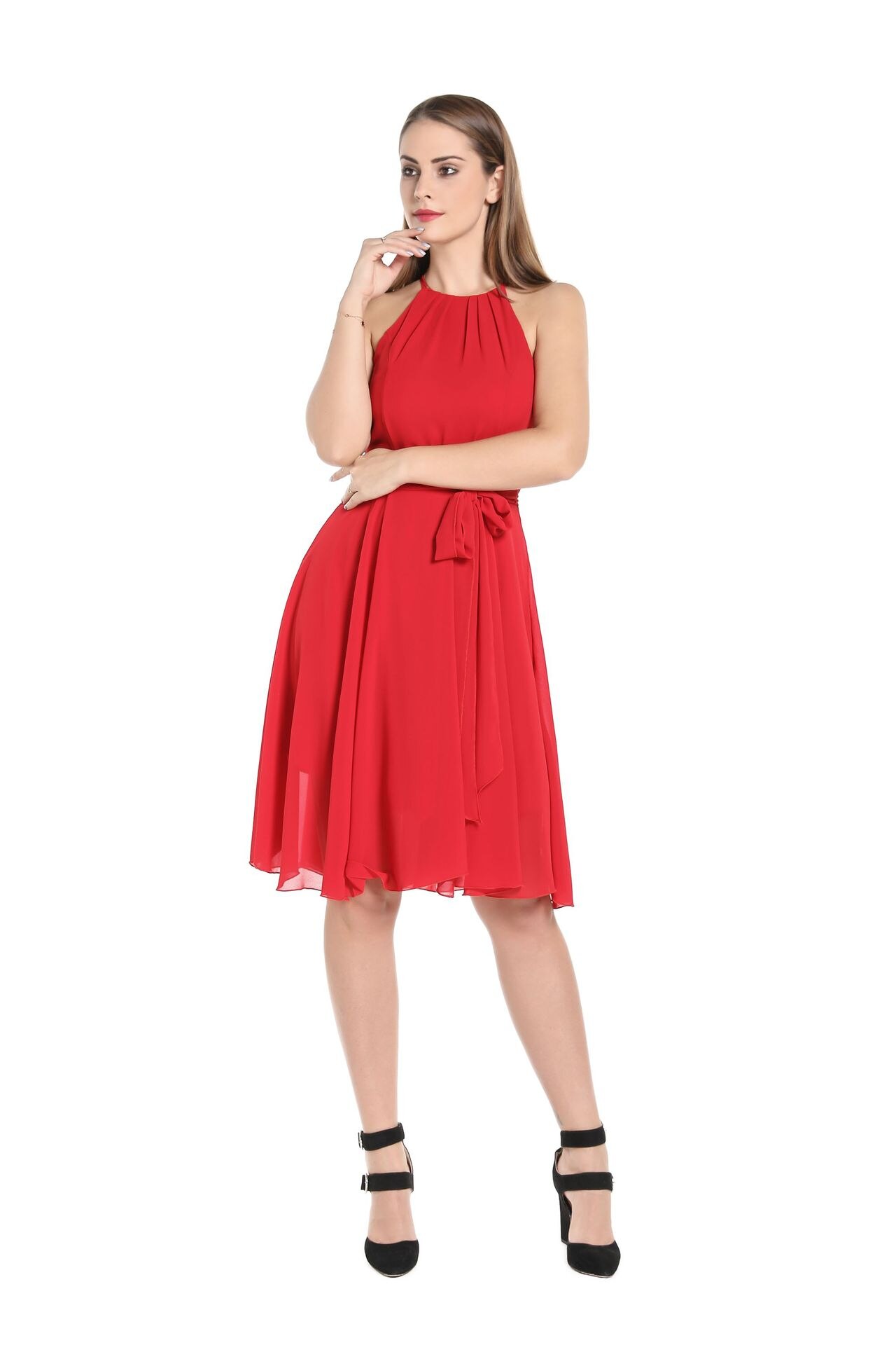Red Spaghetti Strap Chiffon Summer Sleeveless Midi Dress Women Ruffle Backless Chiffon Casual Midi Dresses Female Vestidos